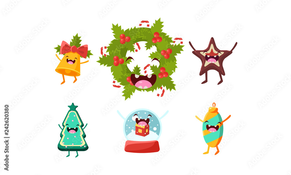 Fototapeta premium Cute Christmas cartoon characters set, funny decoration elements vector Illustration