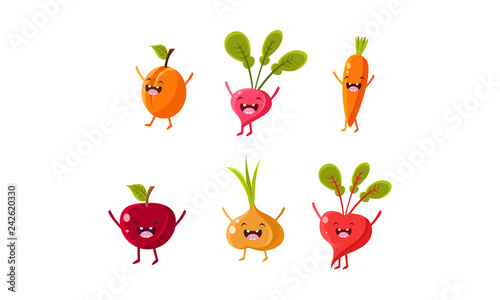 Cute fruit and vegetables characters set, apricot, radish, carrot, apple, onion, beet vector Illustration