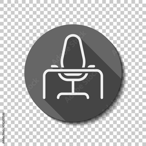 Office chair and table, outline linear icon. flat icon, long shadow, circle, transparent grid. Badge or sticker style