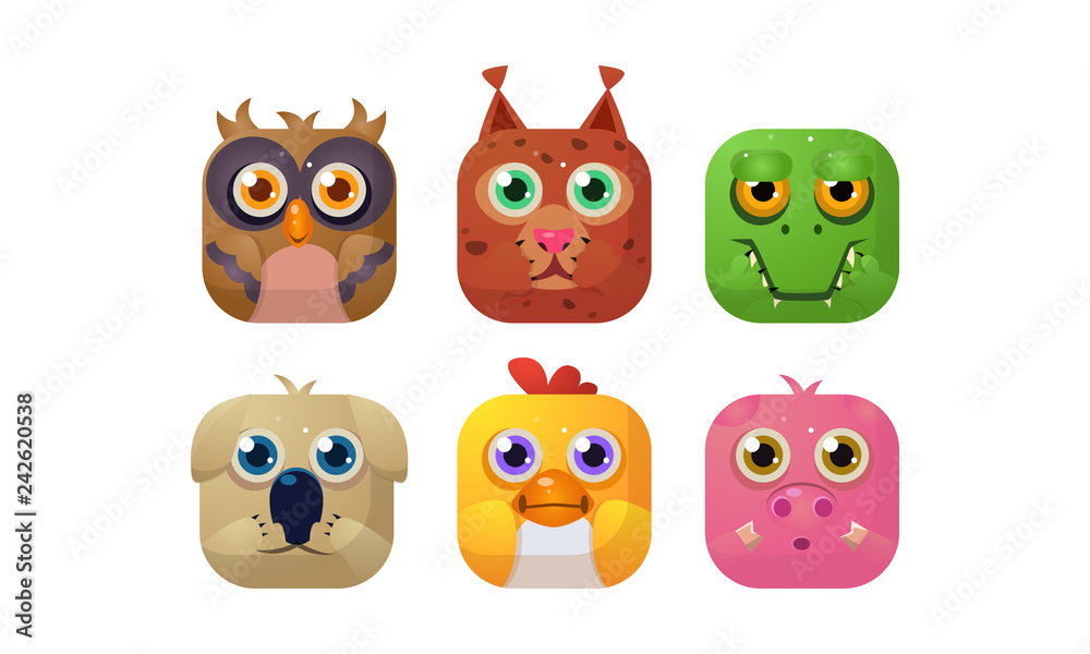 Cute animals set, square app icons, assets for GUI, web design, owl, lynx, crocodile, dog, chicken, pig vector Illustration