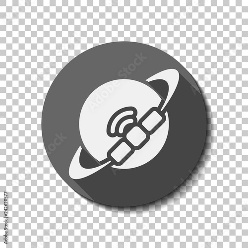 Planet and satellite, technology icon. flat icon, long shadow, circle, transparent grid. Badge or sticker style