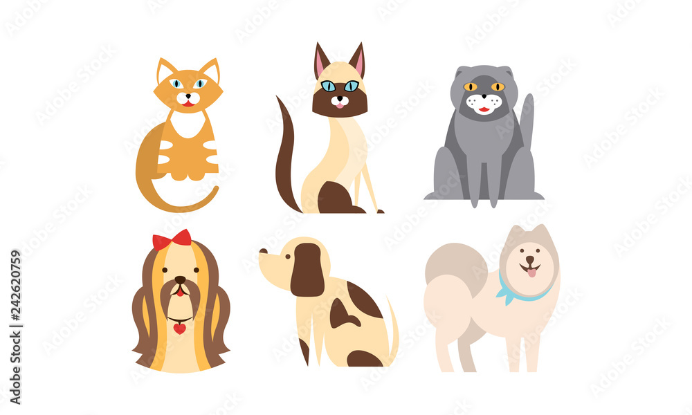 Cats and dogs of different breeds set, cute pets, domestic animals, best friends vector Illustration Cats and dogs of different breeds set, cute pets, domestic animals, best friends vector Illustration