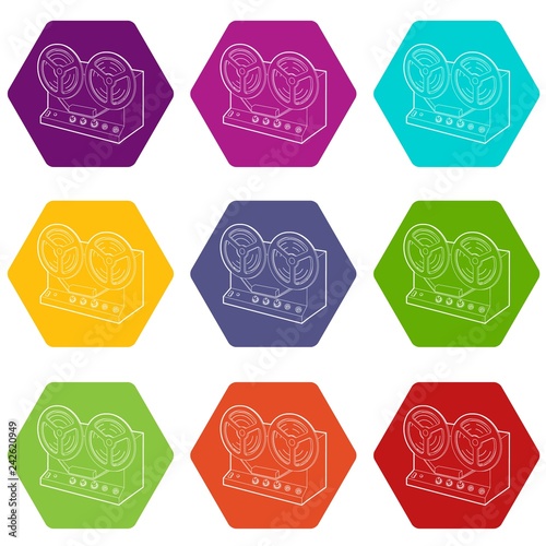 Retro recorder icons 9 set coloful isolated on white for web
