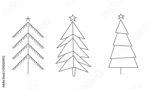 Christmas trees set, hand drawn black and white fir trees, pines or spruces vector Illustration