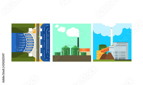 Power plants, clean and polluting energy generation production, alternative energy vector Illustration