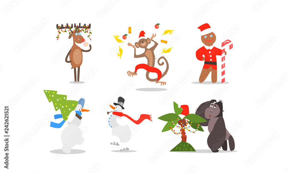 Funny Christmas characters for winter Holidays design, reindeer, monkey, gingerbread, snowmen, gorilla and palm tree vector Illustration