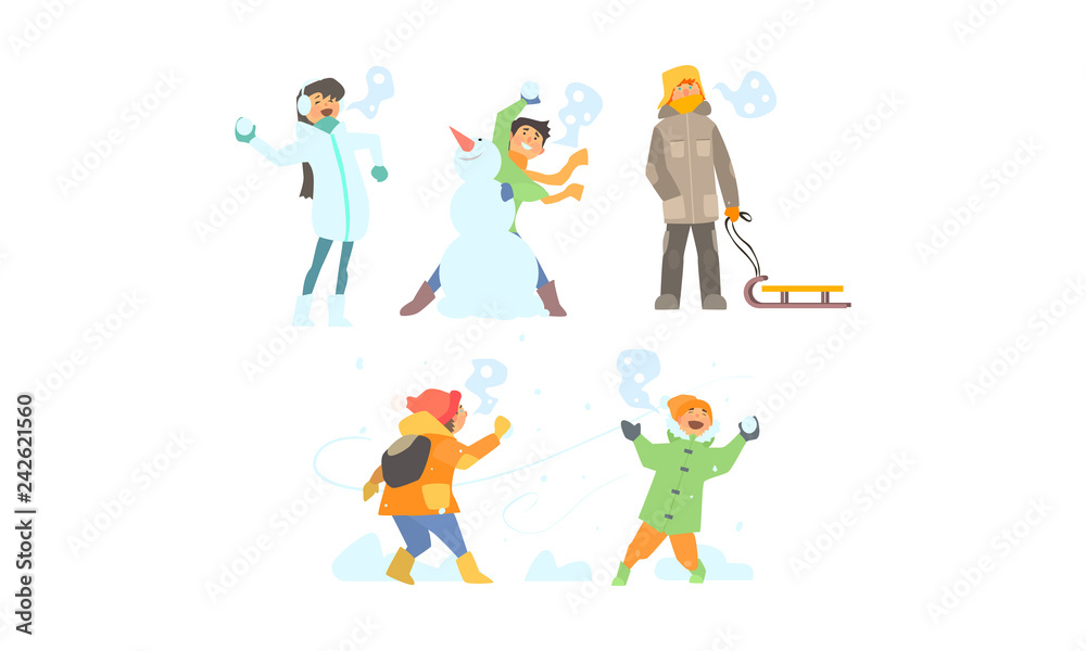 Winter activities set, making snowman, playing snowballs, kids having fun and enjoying snow vector Illustration