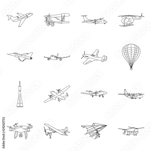Vector illustration of plane and transport logo. Set of plane and sky stock symbol for web.