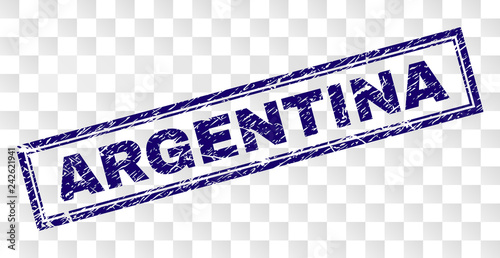 ARGENTINA stamp seal watermark with rubber print style and double framed rectangle shape. Stamp is placed on a transparent background. Blue vector rubber print of ARGENTINA title with unclean texture.