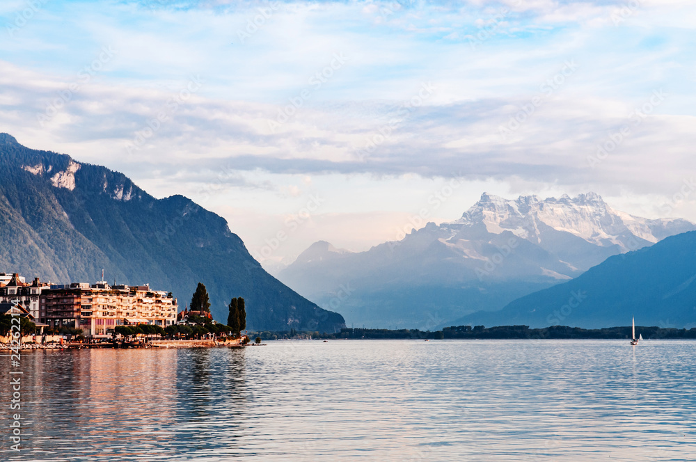 Cityscape and lake Geneva in Montreux with Swiss Alps view