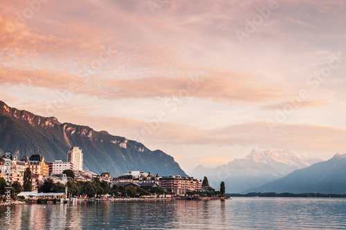 Cityscape and lake Geneva in Montreux with Swiss Alps view