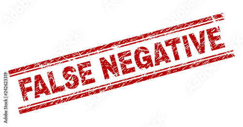 FALSE NEGATIVE seal print with corroded texture. Red vector rubber print of FALSE NEGATIVE label with corroded texture. Text title is placed between double parallel lines.