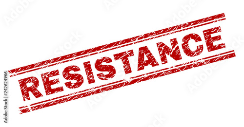 RESISTANCE seal print with corroded style. Red vector rubber print of RESISTANCE text with unclean texture. Text label is placed between double parallel lines.