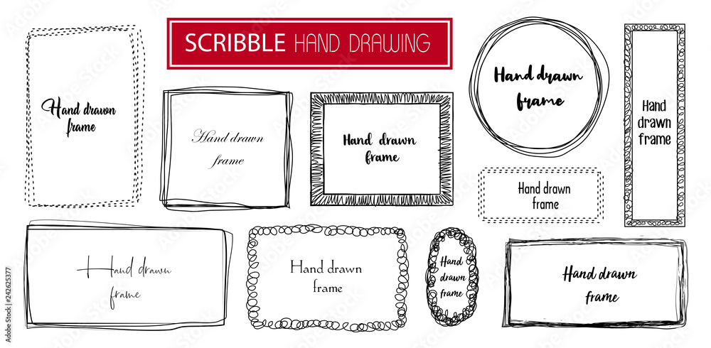 Set Hand drawn scribble frame isolated on white. Doodle frames style sketches. Shaded and hatched badges. Monochrome vector design elements.  - obrazy, fototapety, plakaty 