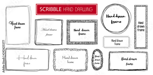 Set Hand drawn scribble frame isolated on white. Doodle frames style sketches. Shaded and hatched badges. Monochrome vector design elements.  photo