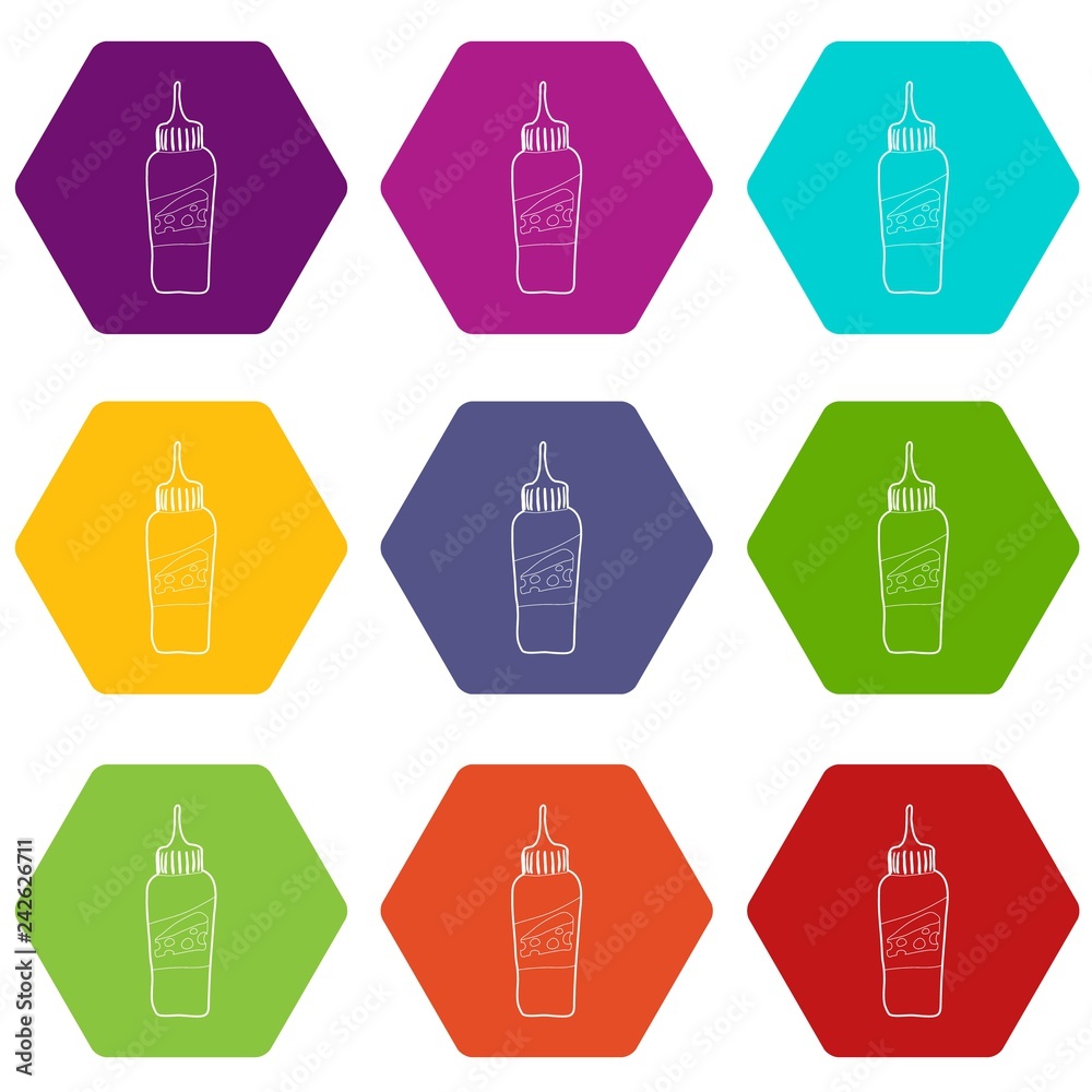 Bottle of cheese sauce icons 9 set coloful isolated on white for web Bottle of cheese sauce icons 9 set coloful isolated on white for web