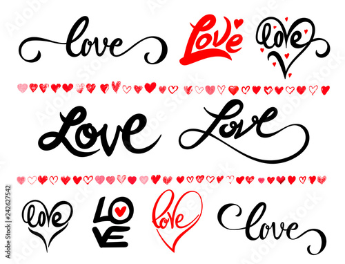 Set of hand written lettering about love to valentines day design poster, greeting card, photo album, banner, calligraphy. Vector illustration. Isolated on white background.