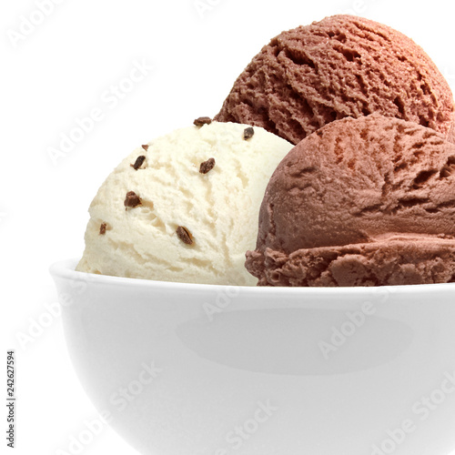Chocolate and vanilla ice cream scoops with chocolate chips in bowl isolated on white background