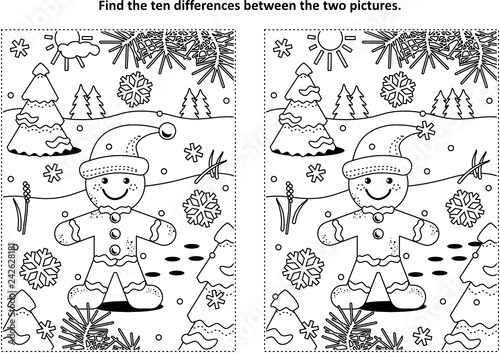 Winter holidays, Christmas or New Year themed find the ten differences picture puzzle and coloring page with gingerbread man cookie.
