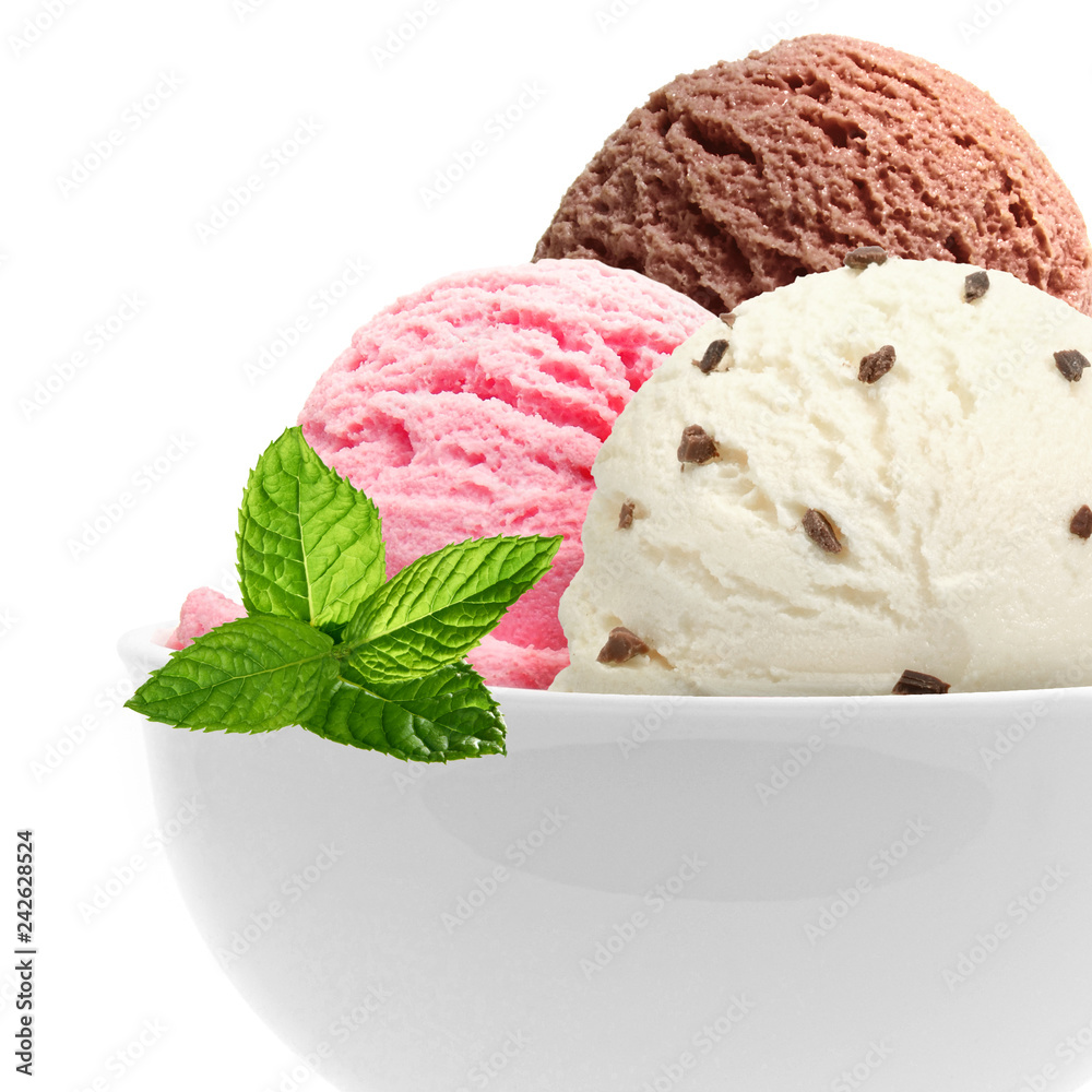 Vanilla, strawberry and chocolate ice cream scoops in bowl isolated on white background Vanilla, strawberry and chocolate ice cream scoops in bowl isolated on white background