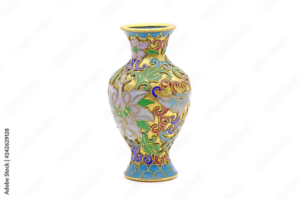 Vase : Antique Chinese Cloisonne enamel vase isolated on white background Vase : Antique Chinese Cloisonne enamel vase isolated on white background