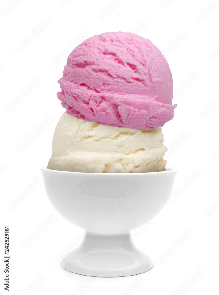 Strawberry and vanilla ice cream scoops in bowl isolated on white background Strawberry and vanilla ice cream scoops in bowl isolated on white background