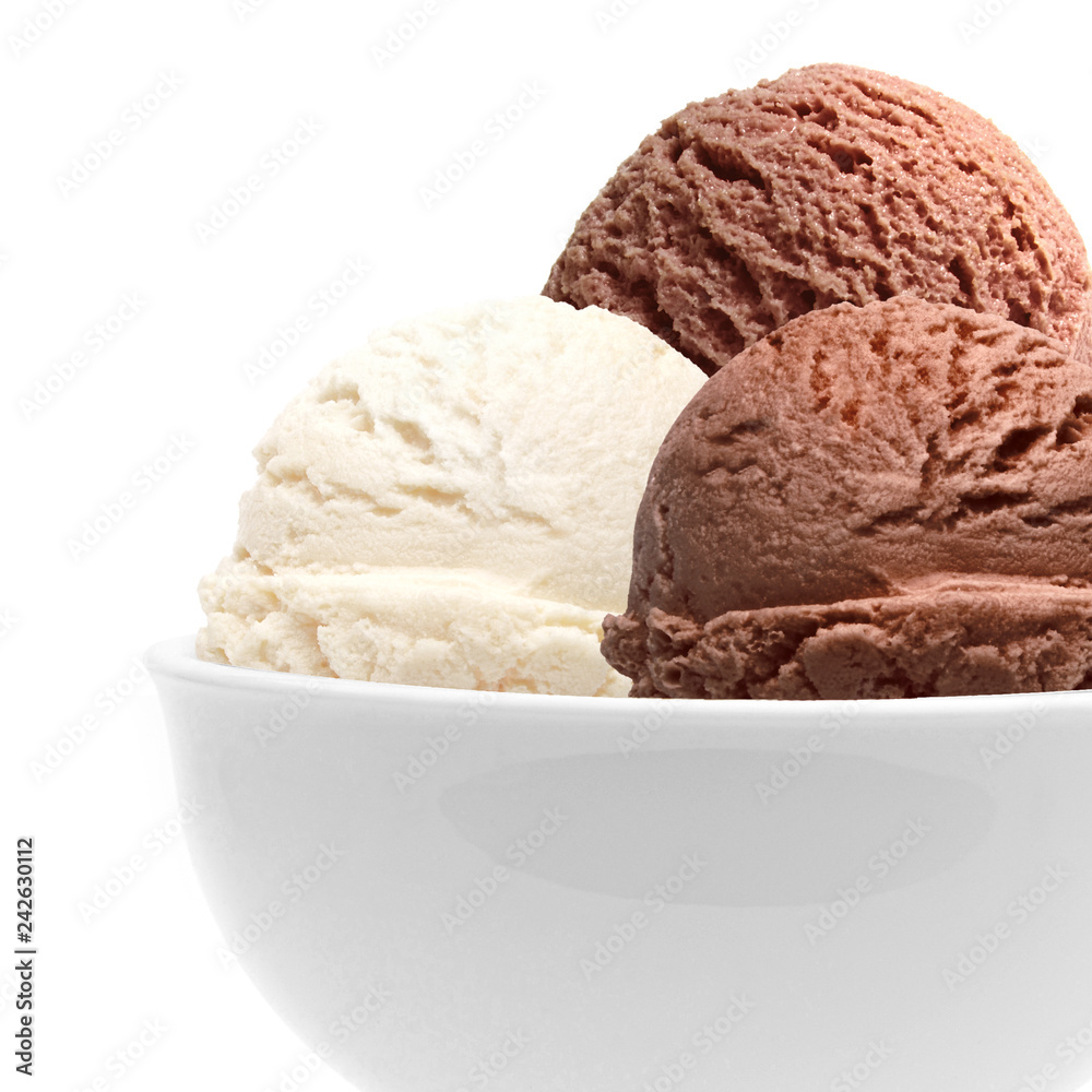 Chocolate and vanilla ice cream scoops in bowl isolated on white background Chocolate and vanilla ice cream scoops in bowl isolated on white background