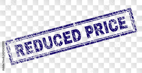 REDUCED PRICE stamp seal print with rubber print style and double framed rectangle shape. Stamp is placed on a transparent background.