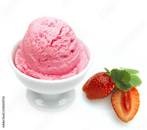 Strawberry ice cream scoop in bowl isolated on white background
