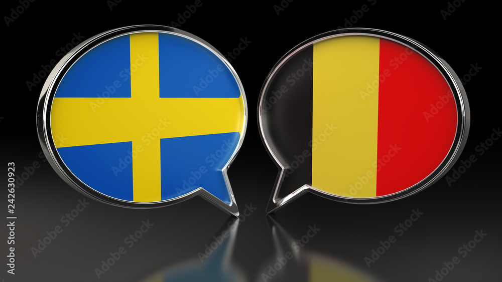 Fototapeta premium Sweden and Belgium flags with Speech Bubbles. 3D illustration