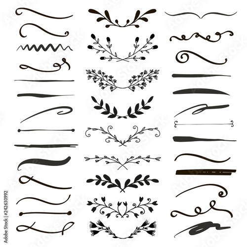 Line borders, text dividers and laurel design elements. Vector illustration