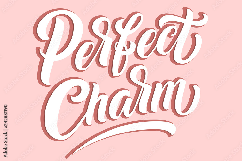 Hand drawn lettering Perfect Charm with shadow. Elegant isolated modern handwritten calligraphy. Vector Ink illustration. Typography poster on pink background. For cards, invitations, prints etc. Hand drawn lettering Perfect Charm with shadow. Elegant isolated modern handwritten calligraphy. Vector Ink illustration. Typography poster on pink background. For cards, invitations, prints etc.
