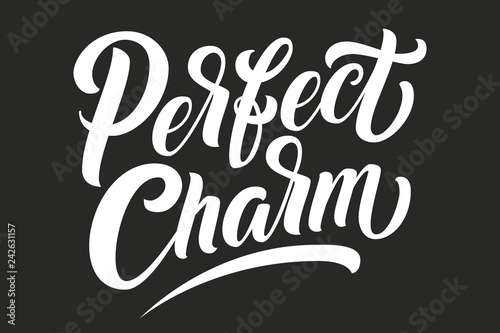 Hand drawn lettering Perfect Charm. Elegant isolated modern handwritten calligraphy. Vector Ink illustration. Typography poster on black background. For cards  invitations  prints etc.