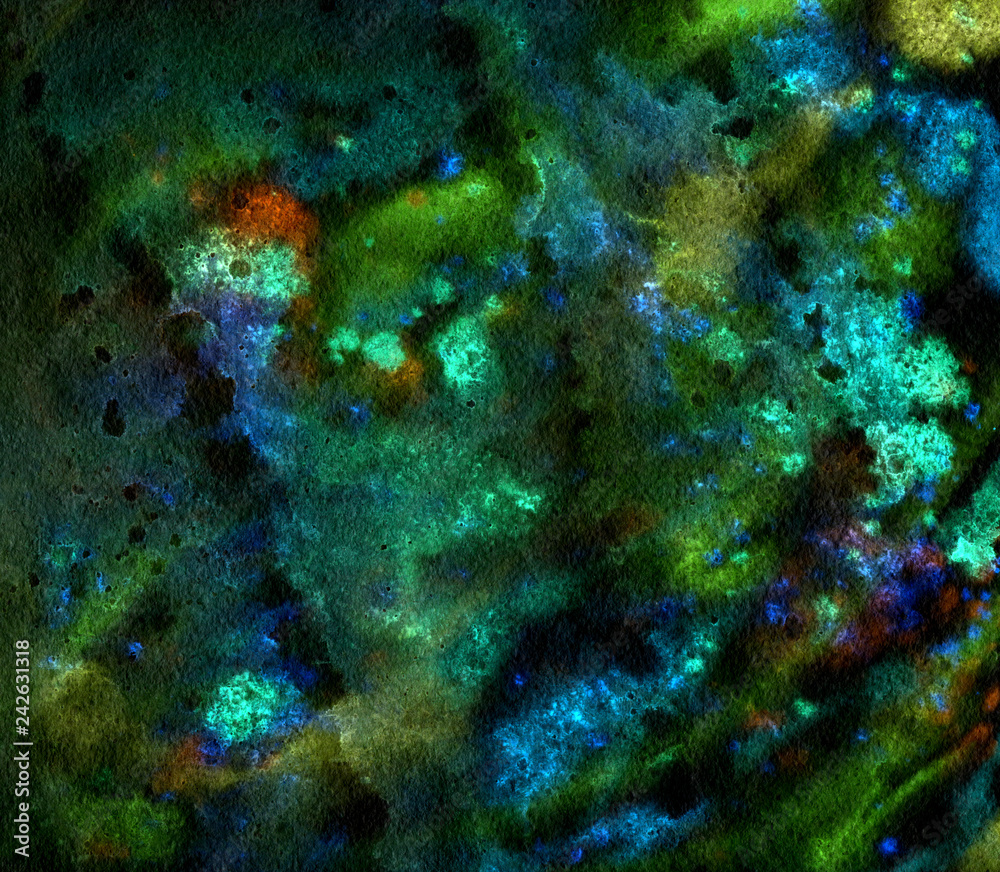 Obraz premium Abstract watercolor background with colorful paint stains and drops. Hand drawn traditional illustration. Creative liquid wallpaper. Cosmic nebula abstraction in dark colors with glow effect.