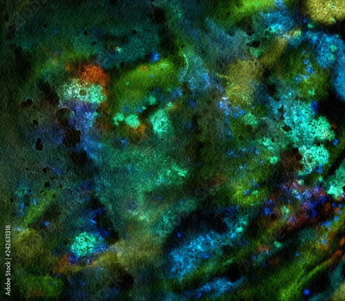 Abstract watercolor background with colorful paint stains and drops. Hand drawn traditional illustration. Creative liquid wallpaper. Cosmic nebula abstraction in dark colors with glow effect.