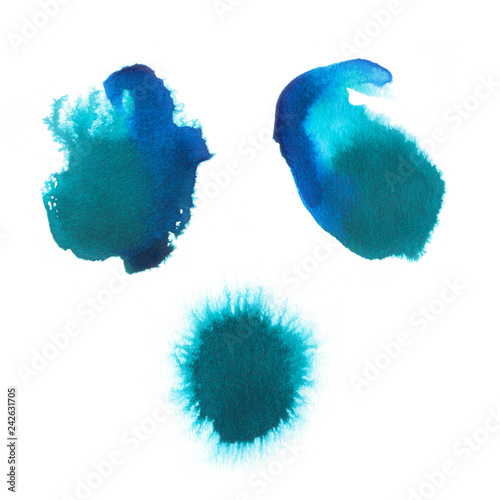Abstract watercolor aquarelle hand drawn blue art paint blots on white background