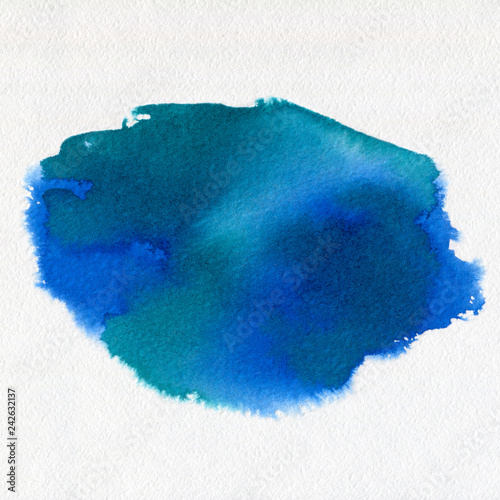 Abstract watercolor aquarelle hand drawn blue art paint blot on white background.