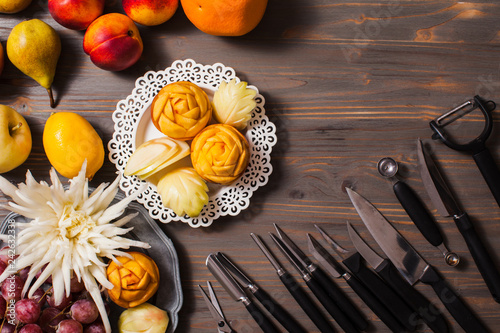 Photography Chinese fruit carving, flat lay hands do it