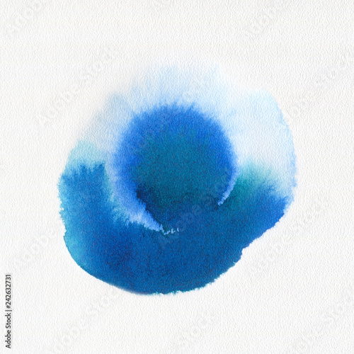 Abstract watercolor aquarelle hand drawn blue art paint blot on white background.