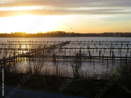 Fototapeta Naklejka Na Ścianę i Meble -  Sunset over empty marina in Southern denmark