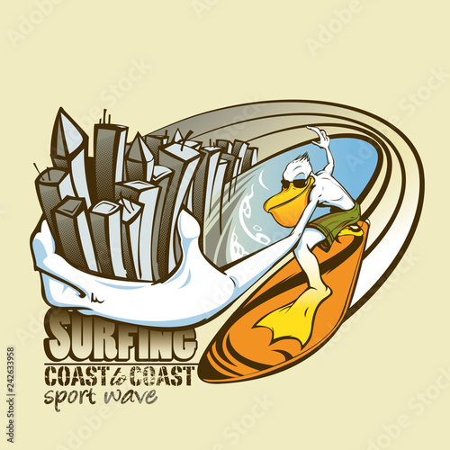 Pelican surfer holding a city