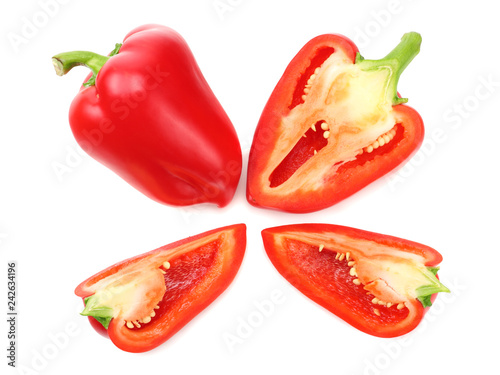 sliced sweet bell peppers isolated on white background. top view