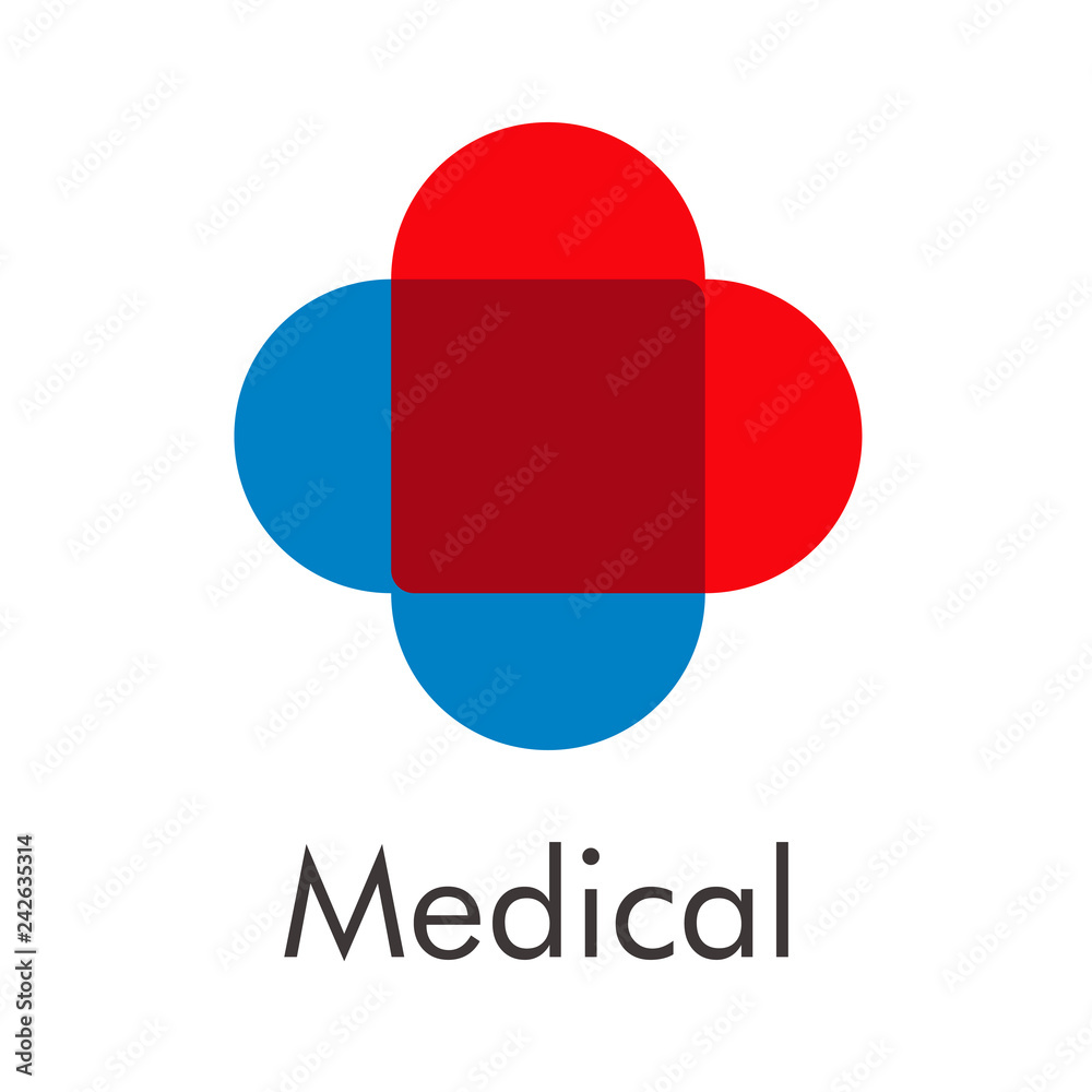 Logotipo abstracto con texto Medical con dos corazones formando una cruz 