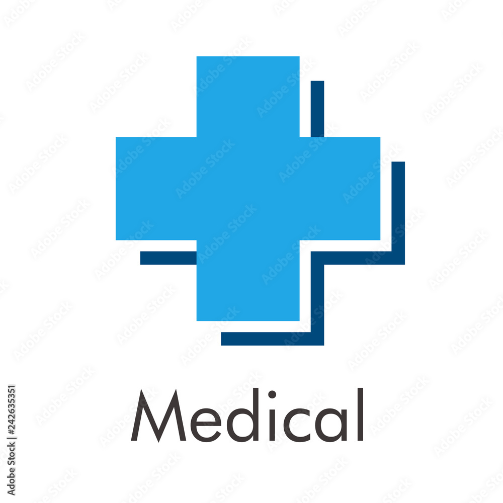 Logotipo abstracto con texto Medical con cruz azul con sombra lineal Logotipo abstracto con texto Medical con cruz azul con sombra lineal