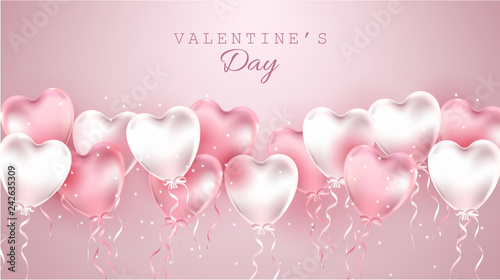Happy Valentine's day gift card illustration. realistic pink balloons on pink background.