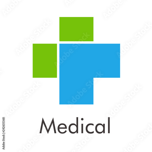 Logotipo abstracto con texto Medical con cruz con dos piezas en azul y verde