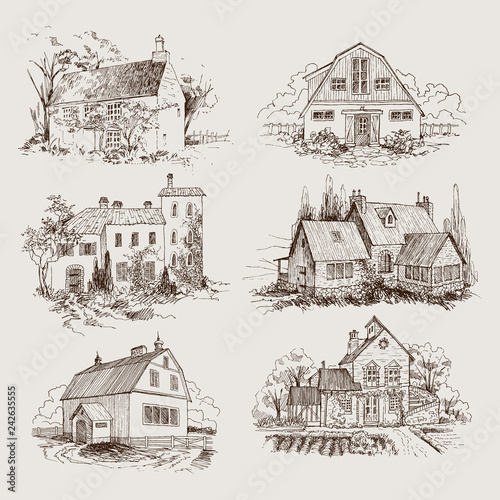 Set of Rural landscape with old farmhouse and garden, Hand drawn illustration in vintage style