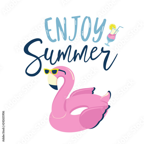 Flamingo inflatable swimming pool ring in sunglasses label, logo, hand drawn tags and elements for summer holiday, travel, beach vacation, sun.