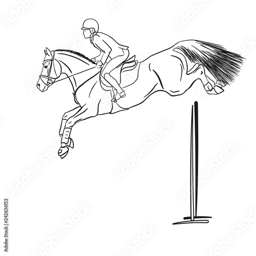 Equestrian, show jumping. A horseman with horse jumping over an obstacle.