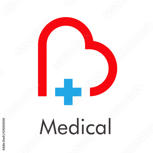 Logotipo con texto Medical con corazón lineal en color rojo con cruz en azul
